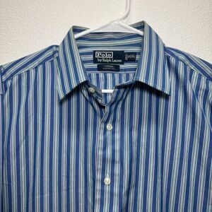 Polo Ralph Lauren Men 17 XL Curham Dress Shirt Blue Pink Green Stripe Preppy Dad